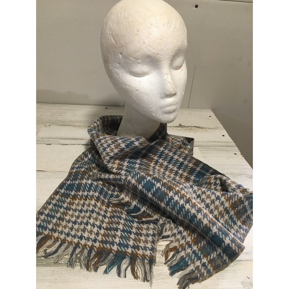 Blue tan plaid 8”x59” scarf with fringe